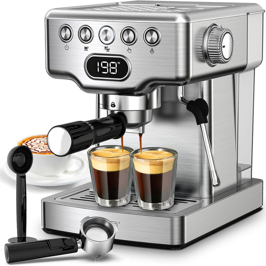 Espresso Machine, 20 Bar Coffee Machine with Milk Frother 1.8L Water Tank, Silver, Stainless Steel