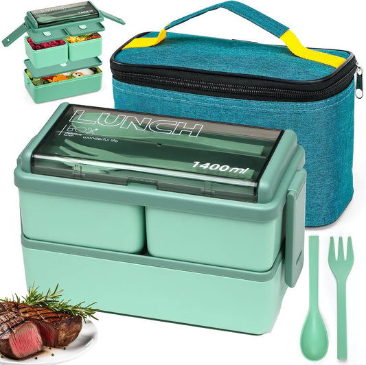 Green 1400ml Stackable Bento Lunch Box Set with Insulated Bag & Cutlery - Leak Proof, Microwavable, 3-Compartment Design for Adults, Kids, and Office Use